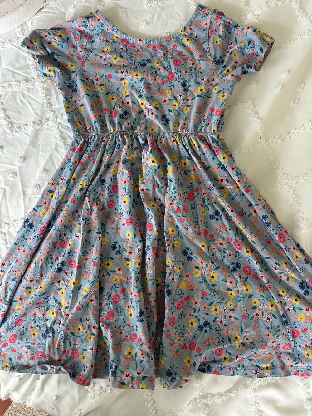 Tea Collection Blue Floral Short-Sleeve Twirl Dress with Pink & Yellow Accents